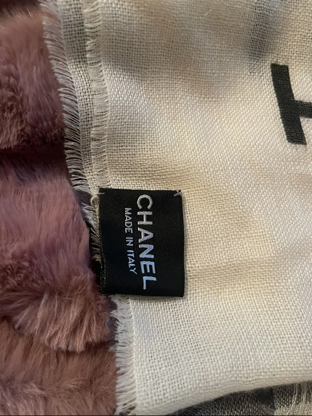 CHANEL Cashmere and Silk Fringe Scarf with Logo